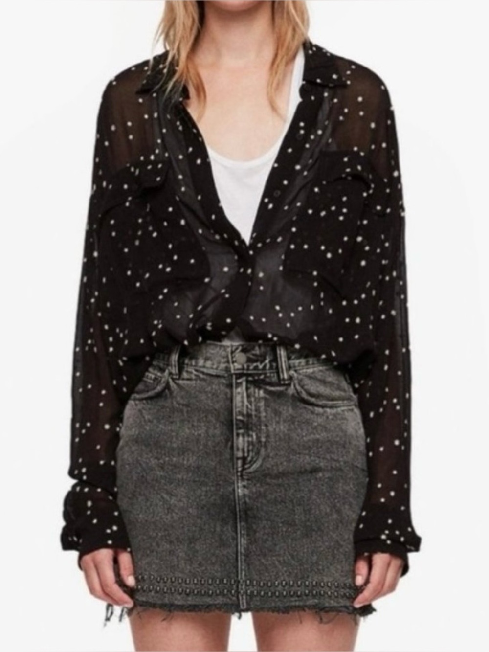 All Saints Black Sheer Star-Embroidered Shirt